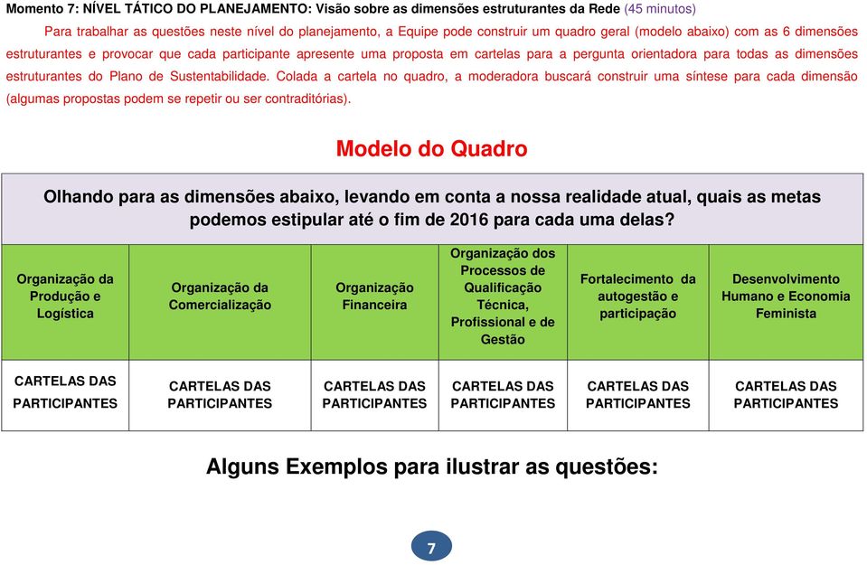 Sustentabilidade. Colada a cartela no quadro, a moderadora buscará construir uma síntese para cada dimensão (algumas propostas podem se repetir ou ser contraditórias).