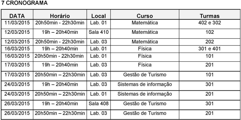 01 Física 301 e 401 16/03/2015 20h50min - 22h30min Lab. 01 Física 101 17/03/2015 19h 20h40min Lab. 03 Física 201 17/03/2015 20h50min 22h30min Lab.