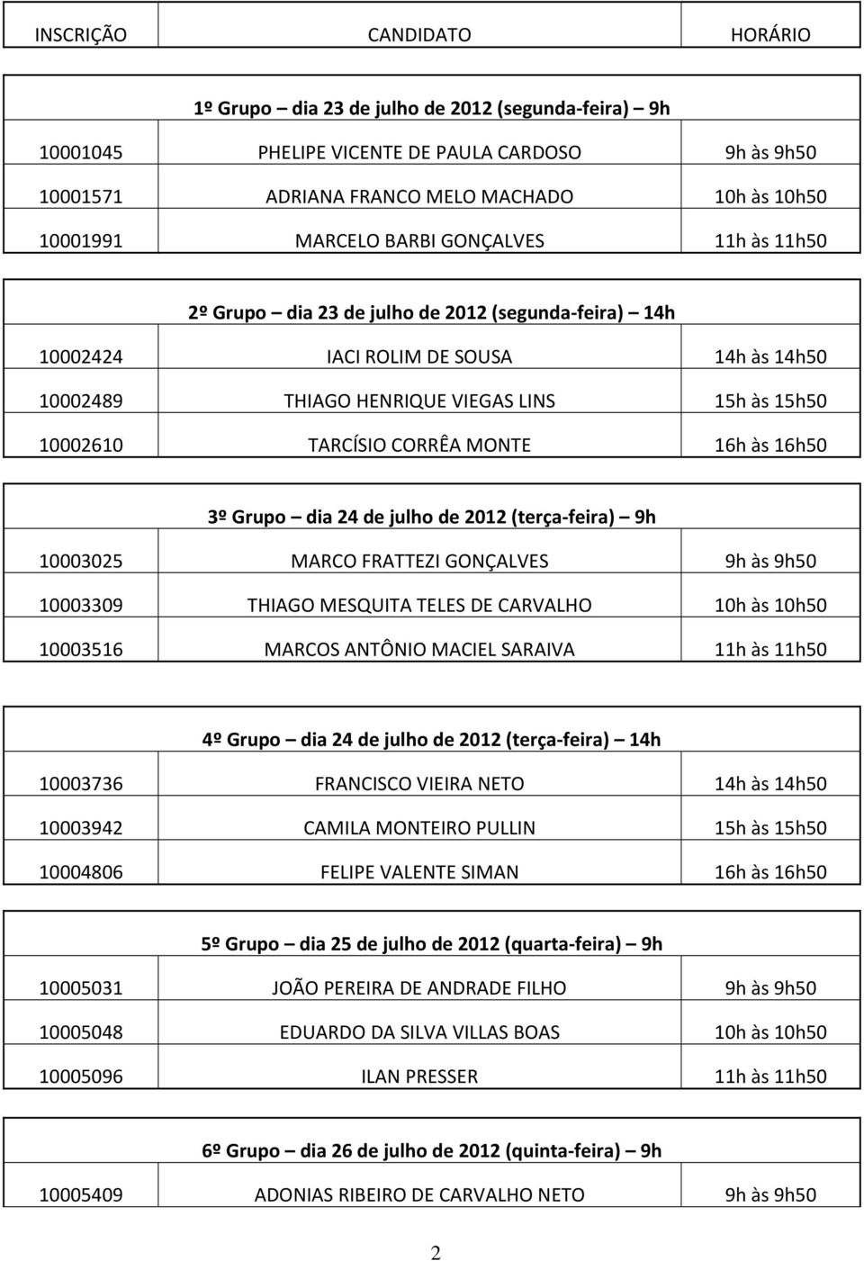 MONTE 16h às 16h50 3º Grupo dia 24 de julho de 2012 (terça feira) 9h 10003025 MARCO FRATTEZI GONÇALVES 9h às 9h50 10003309 THIAGO MESQUITA TELES DE CARVALHO 10h às 10h50 10003516 MARCOS ANTÔNIO