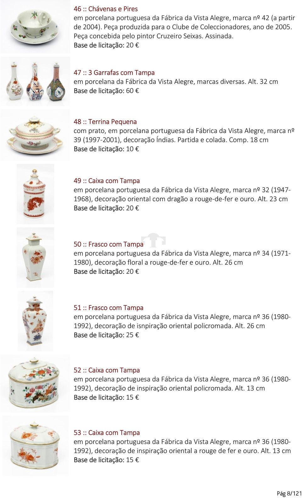 32 cm Base de licitação: 60 48 :: Terrina Pequena com prato, em porcelana portuguesa da Fábrica da Vista Alegre, marca nº 39 (1997-2001), decoração Índias. Partida e colada. Comp.