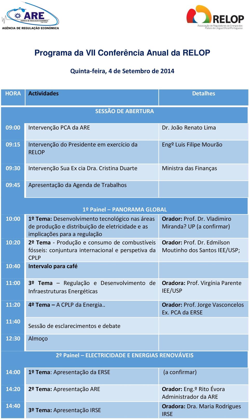 Cristina Duarte Ministra das Finanças 09:45 Apresentação da Agenda de Trabalhos 1º Painel PANORAMA GLOBAL 10:00 1º Tema: Desenvolvimento tecnológico nas áreas de produção e distribuição de