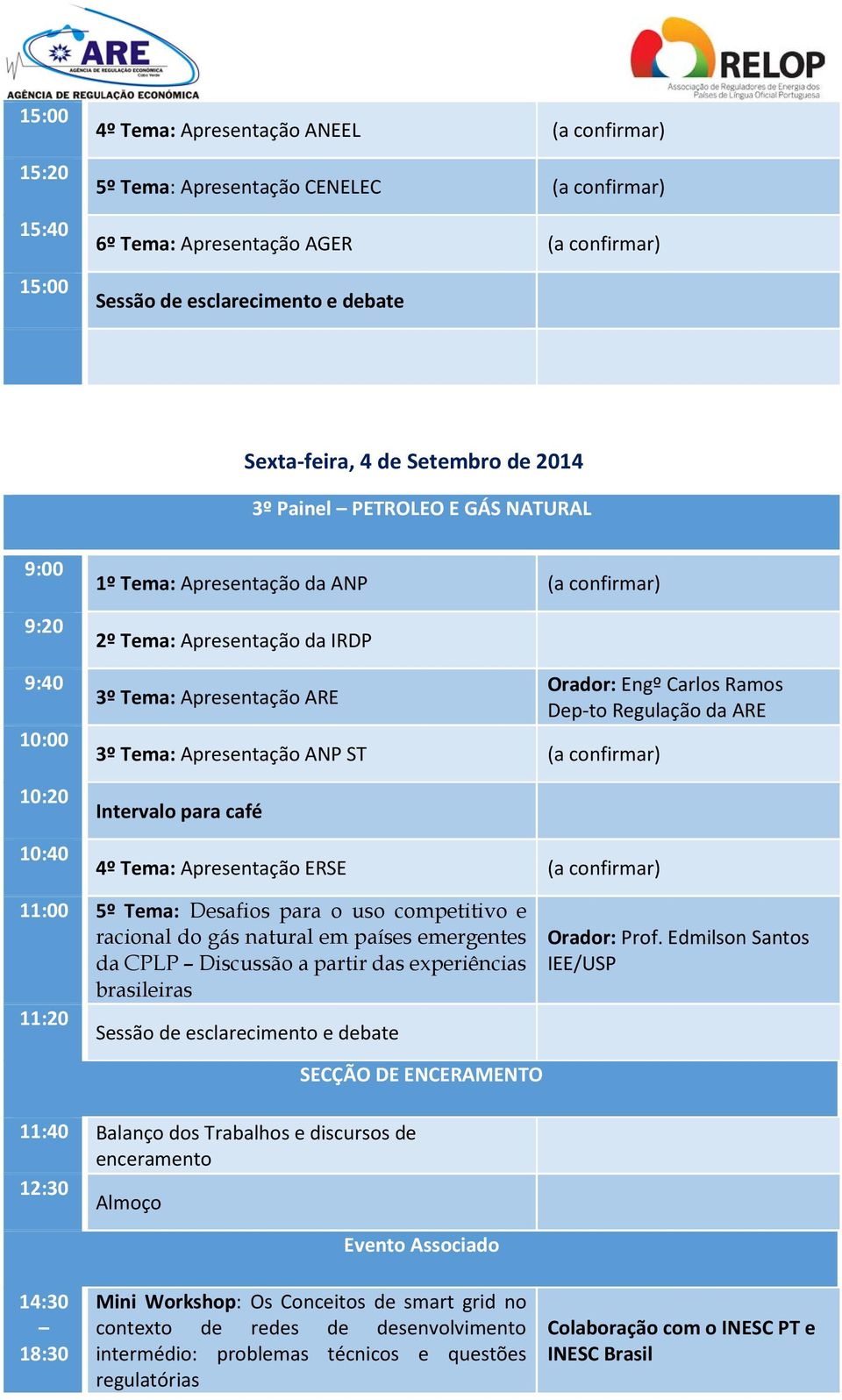 Apresentação ANP ST (a confirmar) Intervalo para café 4º Tema: Apresentação ERSE (a confirmar) Orador: Engº Carlos Ramos Dep-to Regulação da ARE 11:00 5º Tema: Desafios para o uso competitivo e