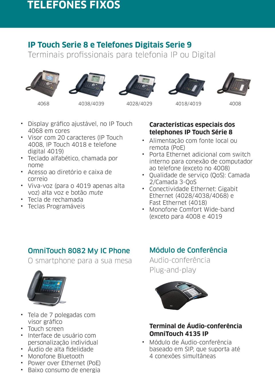 voz) alta voz e botão mute Tecla de rechamada Teclas Programáveis Características especiais dos telephones IP Touch Série 8 Alimentação com fonte local ou remota (PoE) Porta Ethernet adicional com