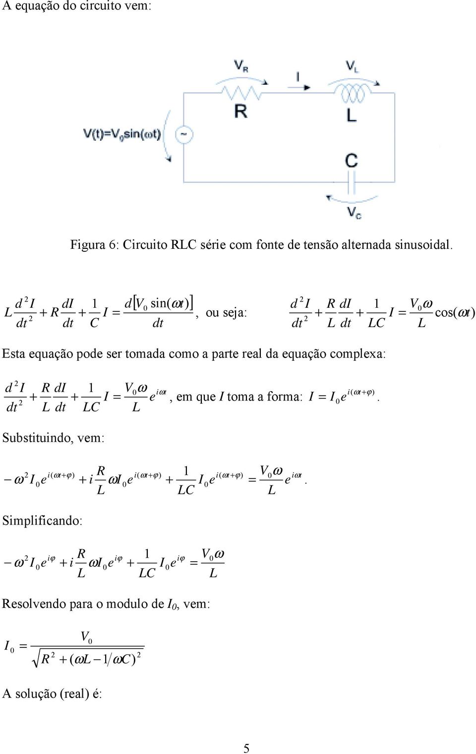 complexa: d I di I C Vω e iωt + +, em que I toma a forma: i( ω t+ϕ ) I I e.
