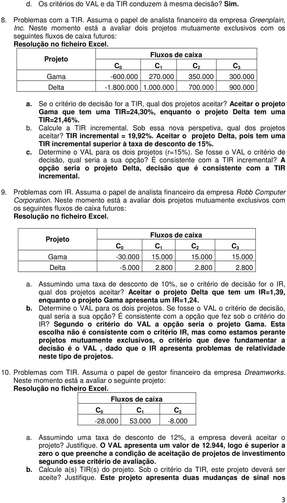 Se o critério de decisão for a TIR, qual dos projetos aceitar? Aceitar o projeto Gama que tem uma TIR=24,30%, enquanto o projeto Delta tem uma TIR=21,46%. b. Calcule a TIR incremental.