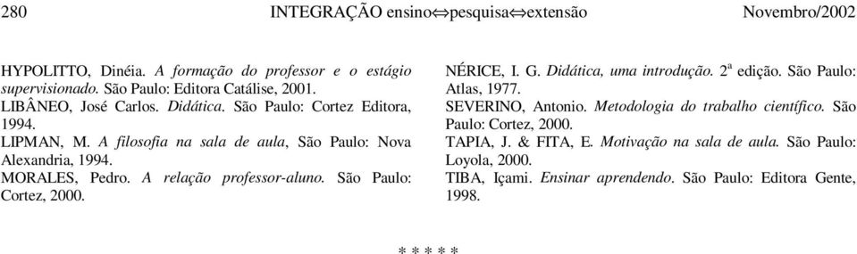 A relação professor-aluno. São Paulo: Cortez, 2000. NÉRICE, I. G. Didática, uma introdução. 2 a edição. São Paulo: Atlas, 1977. SEVERINO, Antonio.