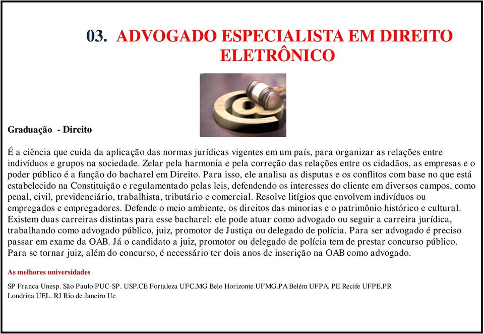 Para isso, ele analisa as disputas e os conflitos com base no que está estabelecido na Constituição e regulamentado pelas leis, defendendo os interesses do cliente em diversos campos, como penal,