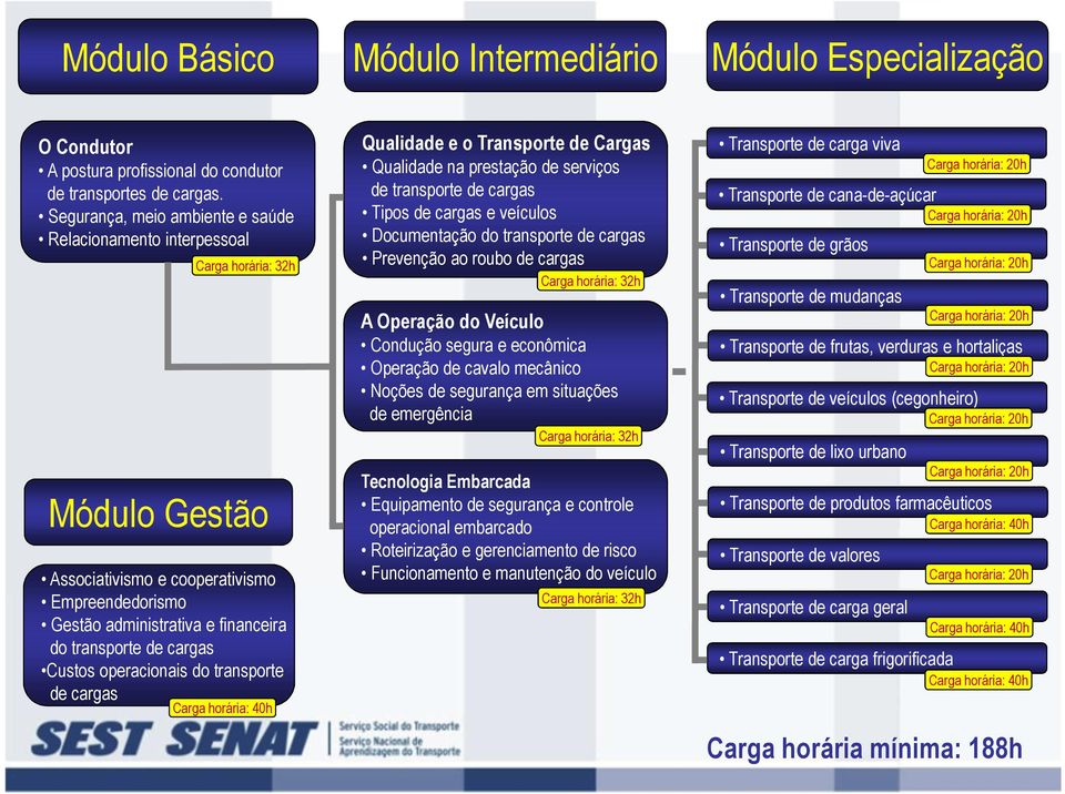 cargas Custos operacionais do transporte de cargas Carga horária: 40h Qualidade e o Transporte de Cargas Qualidade na prestação de serviços de transporte de cargas Tipos de cargas e veículos