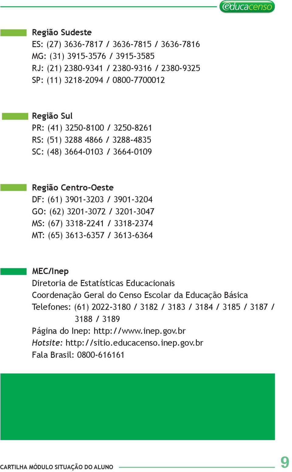 3318-2241 / 3318-2374 MT: (65) 3613-6357 / 3613-6364 MEC/Inep Diretoria de Estatísticas Educacionais Coordenação Geral do Censo Escolar da Educação Básica Telefones: (61) 2022-3180 /