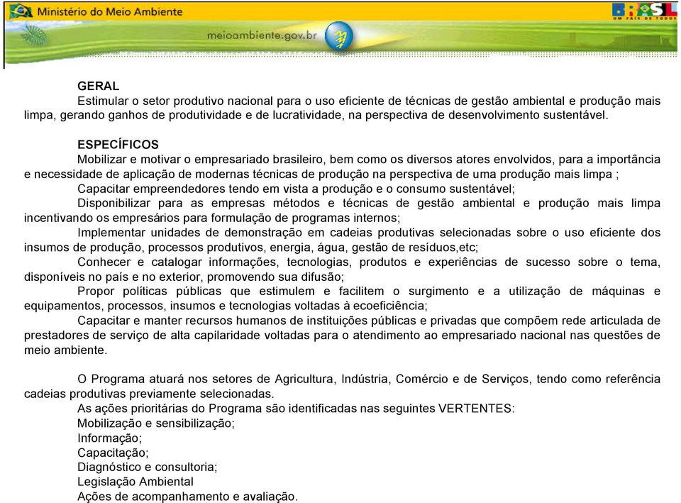 ESPECÍFICOS Mobilizar e motivar o empresariado brasileiro, bem como os diversos atores envolvidos, para a importância e necessidade de aplicação de modernas técnicas de produção na perspectiva de uma