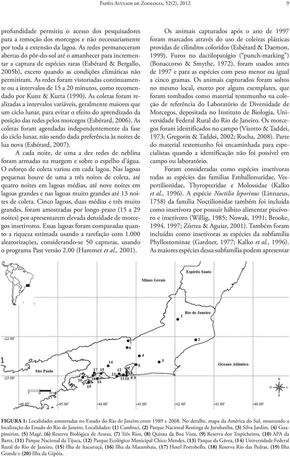 As redes foram vistoriadas continuamente ou a intervalos de 15 a 20 minutos, como recomendado por Kunz & Kurta (1990).