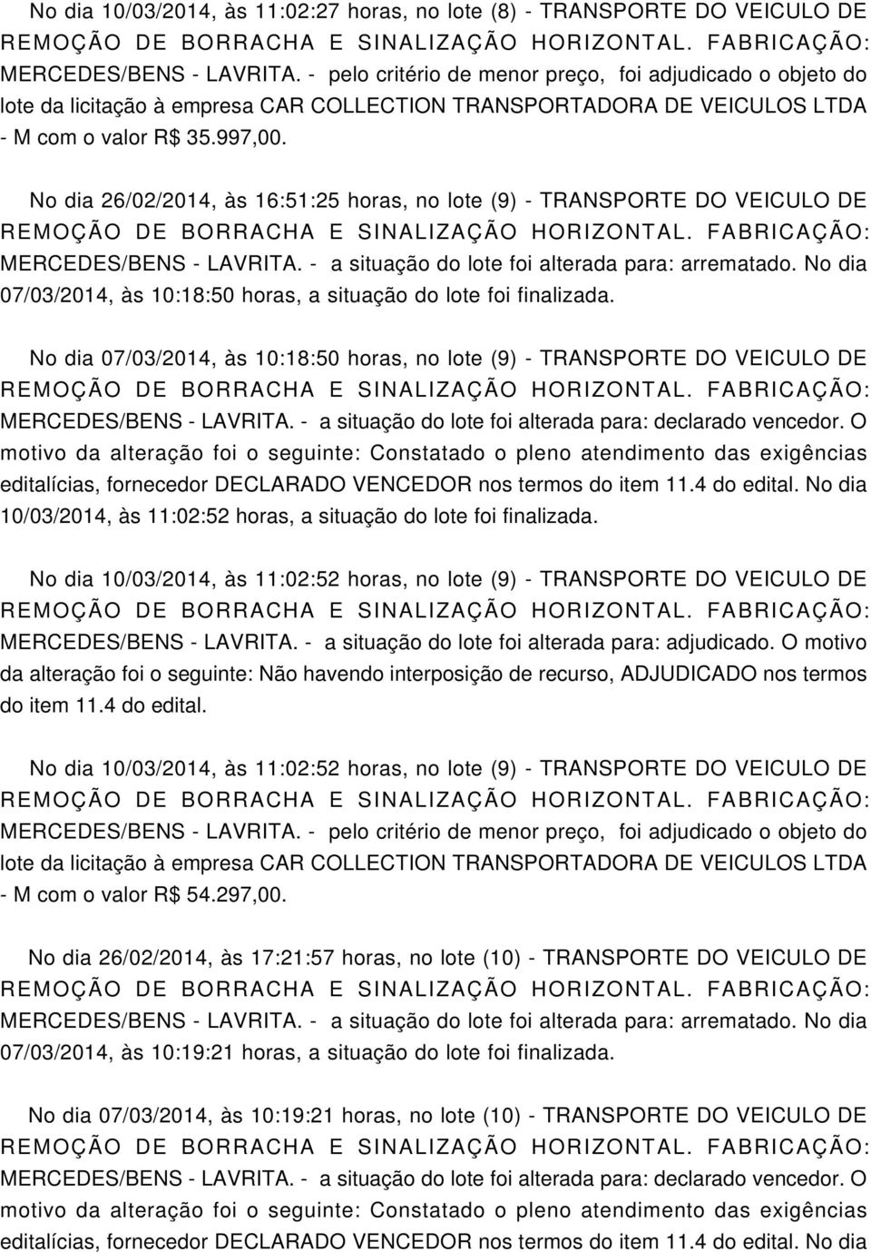 No dia 26/02/2014, às 16:51:25 horas, no lote (9) - TRANSPORTE DO VEICULO DE RCEDES/BENS - LAVRITA. - a situação do lote foi alterada para: arrematado.