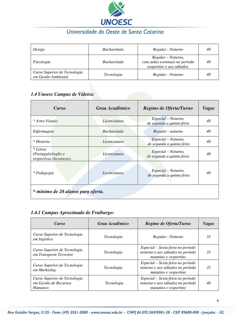 de segunda a quinta-feira Especial Noturno, de segunda a quinta-feira * Pedagogia Especial Noturno, de segunda a quinta-feira * mínimo de 20 alunos para oferta. 1.4.