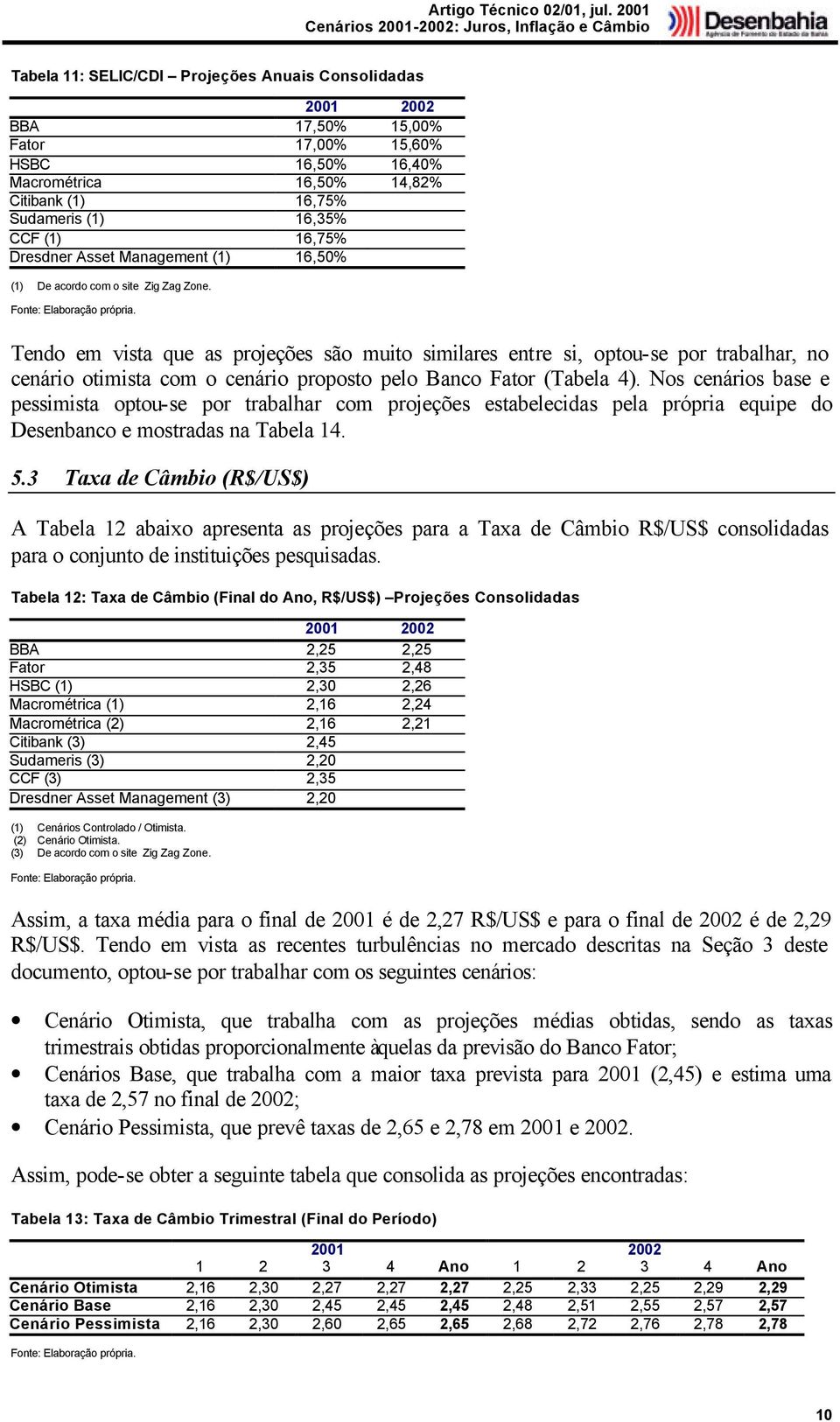 Tendo em vista que as projeções são muito similares entre si, optou-se por trabalhar, no cenário otimista com o cenário proposto pelo Banco Fator (Tabela 4).