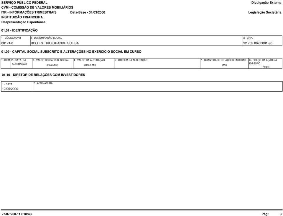 9 - CAPITAL SOCIAL SUBSCRITO E ALTERAÇÕES NO EXERCÍCIO SOCIAL EM CURSO 1- ITEM 2 - DATA DA ALTERAÇÃO 3 - VALOR DO CAPITAL SOCIAL (Reais