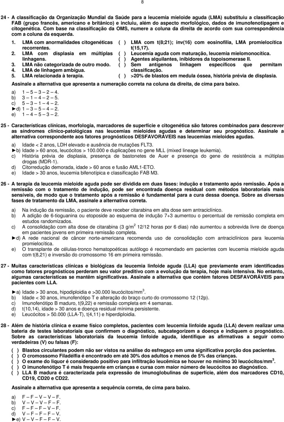 LMA com anormalidades citogenéticas recorrentes. 2. LMA com displasia em múltiplas linhagens. 3. LMA não categorizada de outro modo. 4. LMA de linhagem ambígua. 5. LMA relacionada à terapia.