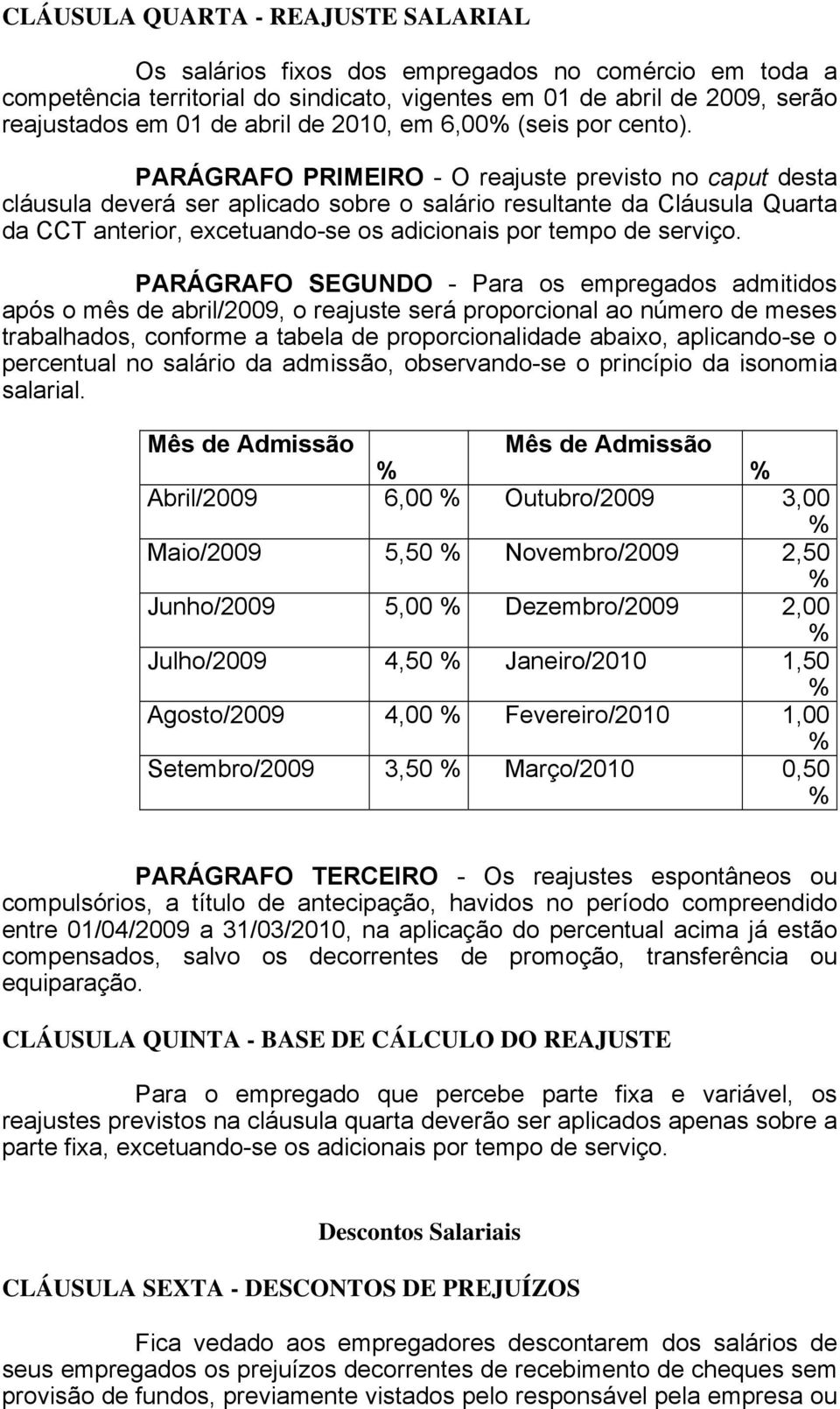 PARÁGRAFO PRIMEIRO - O reajuste previsto no caput desta cláusula deverá ser aplicado sobre o salário resultante da Cláusula Quarta da CCT anterior, excetuando-se os adicionais por tempo de serviço.