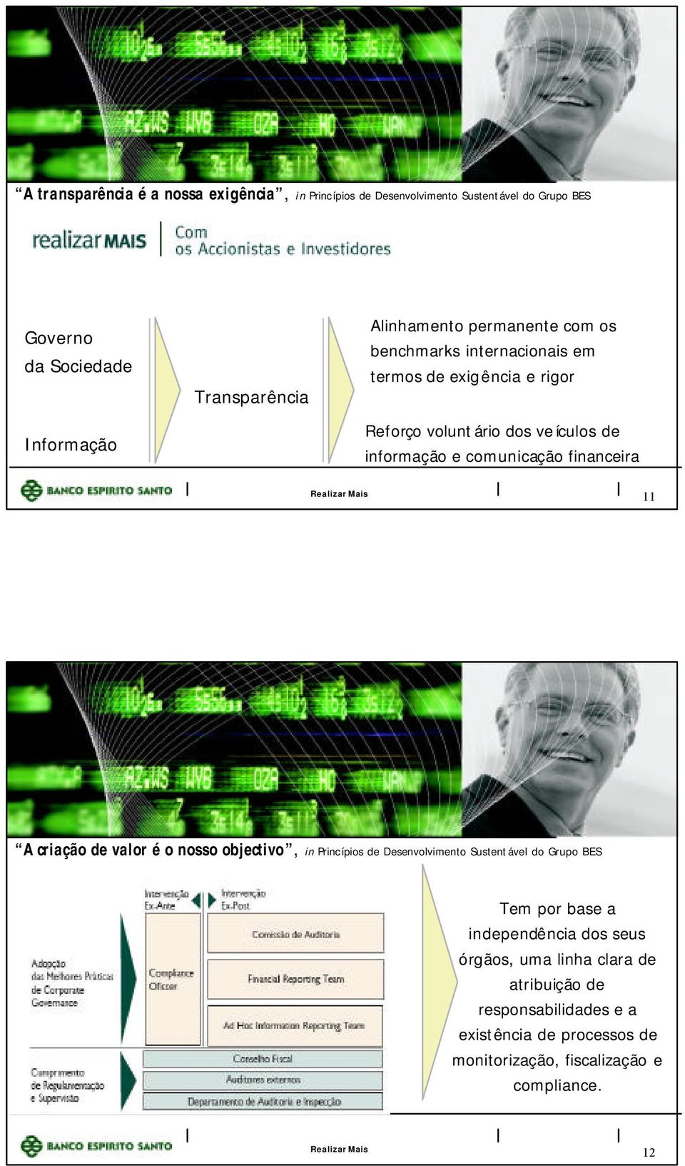 comunicação financeira 11 A criação de valor é o nosso objectivo, in Princípios de Desenvolvimento Sustentável do Grupo BES Tem por base a