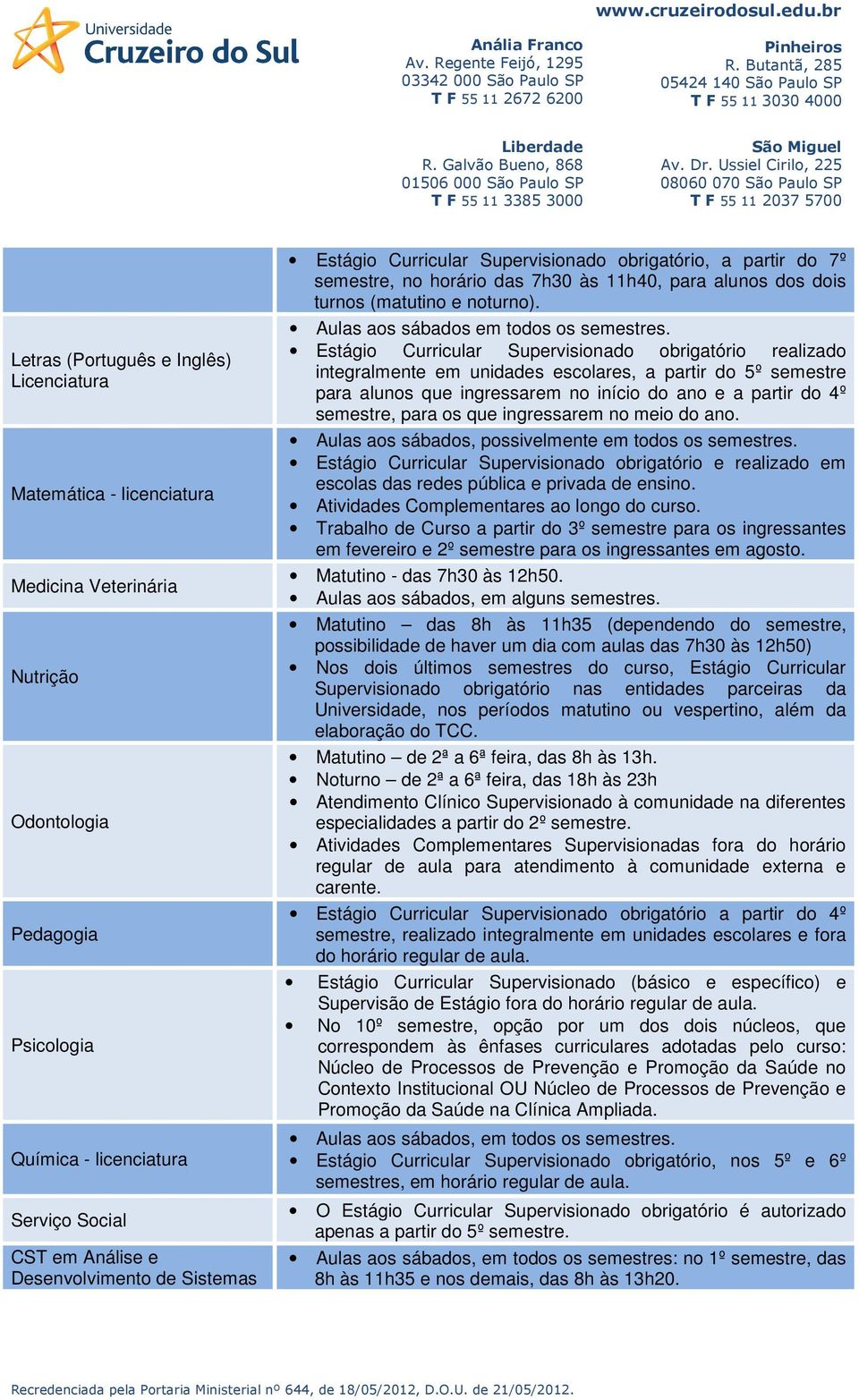 Aulas aos sábados em todos os semestres.