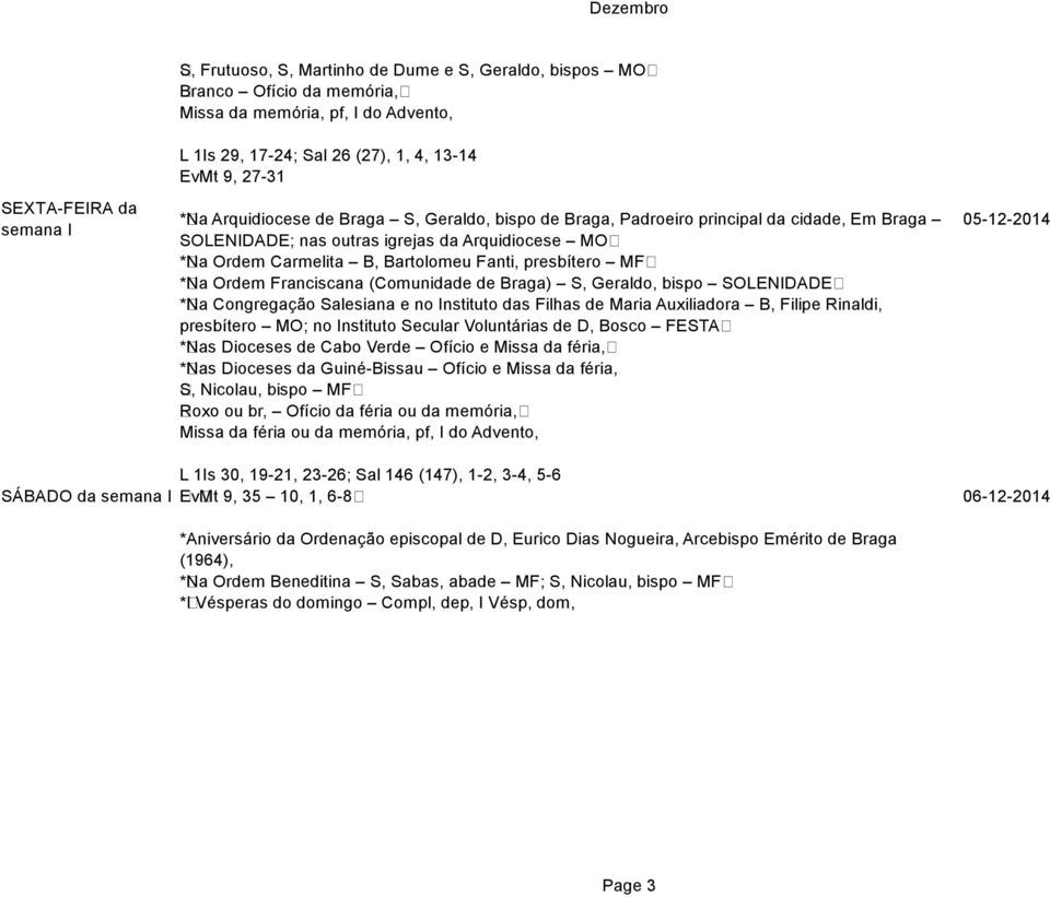 Bartolomeu Fanti, presbítero MF * Na Ordem Franciscana (Comunidade de Braga) S, Geraldo, bispo SOLENIDADE * Na Congregação Salesiana e no Instituto das Filhas de Maria Auxiliadora B, Filipe Rinaldi,