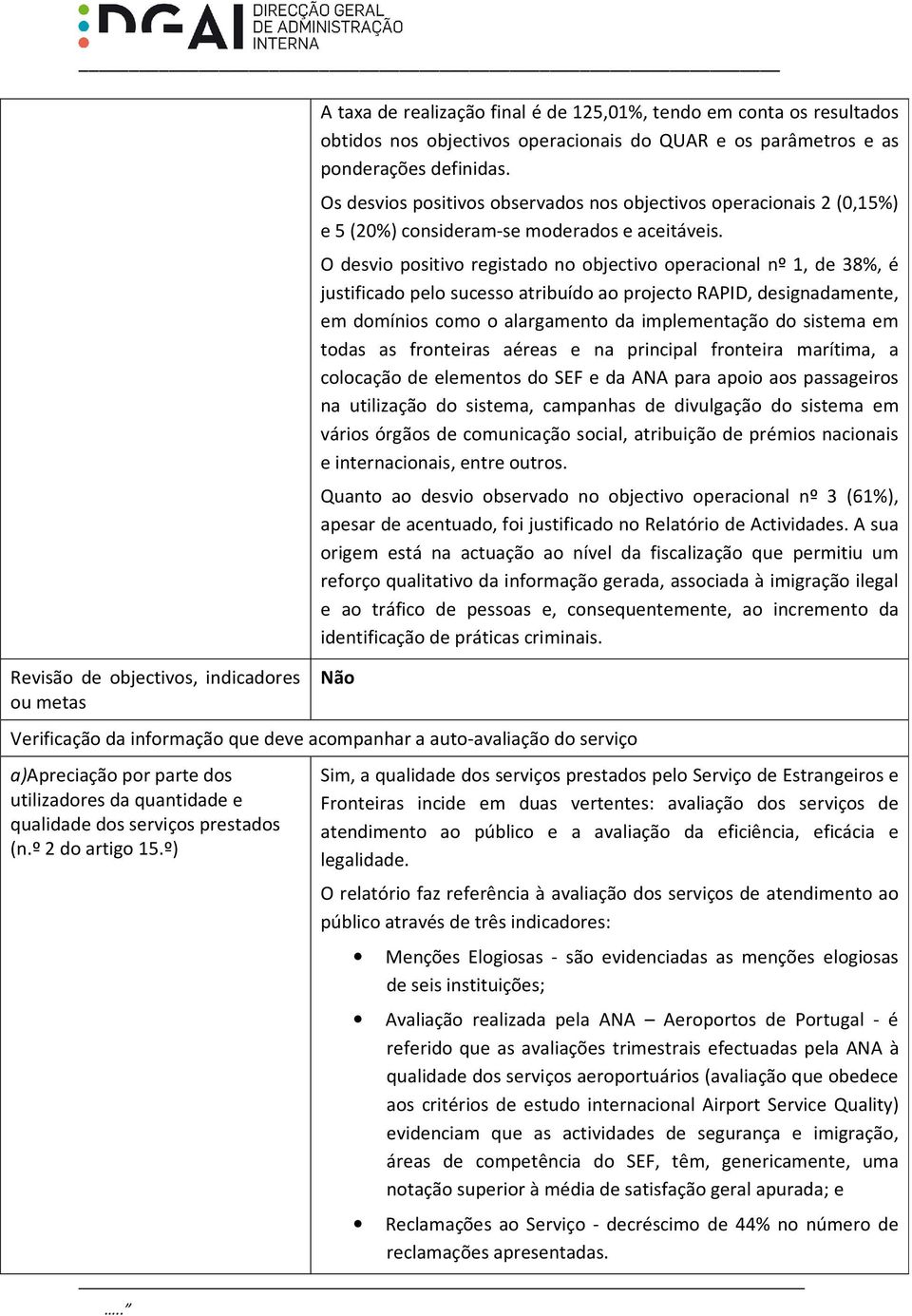 O desvio positivo registado no objectivo operacional nº 1, de 38%, é justificado pelo sucesso atribuído ao projecto RAPID, designadamente, em domínios como o alargamento da implementação do sistema