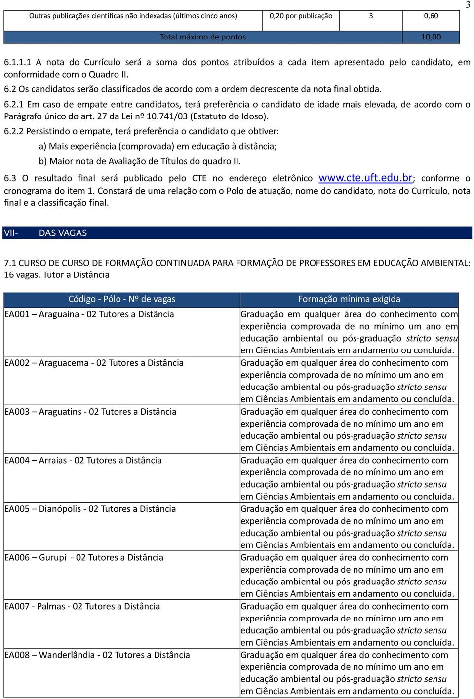 6.2.1 Em caso de empate entre candidatos, terá preferência o candidato de idade mais elevada, de acordo com o Parágrafo único do art. 27 da Lei nº 10.741/03 (Estatuto do Idoso). 6.2.2 Persistindo o empate, terá preferência o candidato que obtiver: a) Mais experiência (comprovada) em educação à distância; b) Maior nota de Avaliação de Títulos do quadro II.