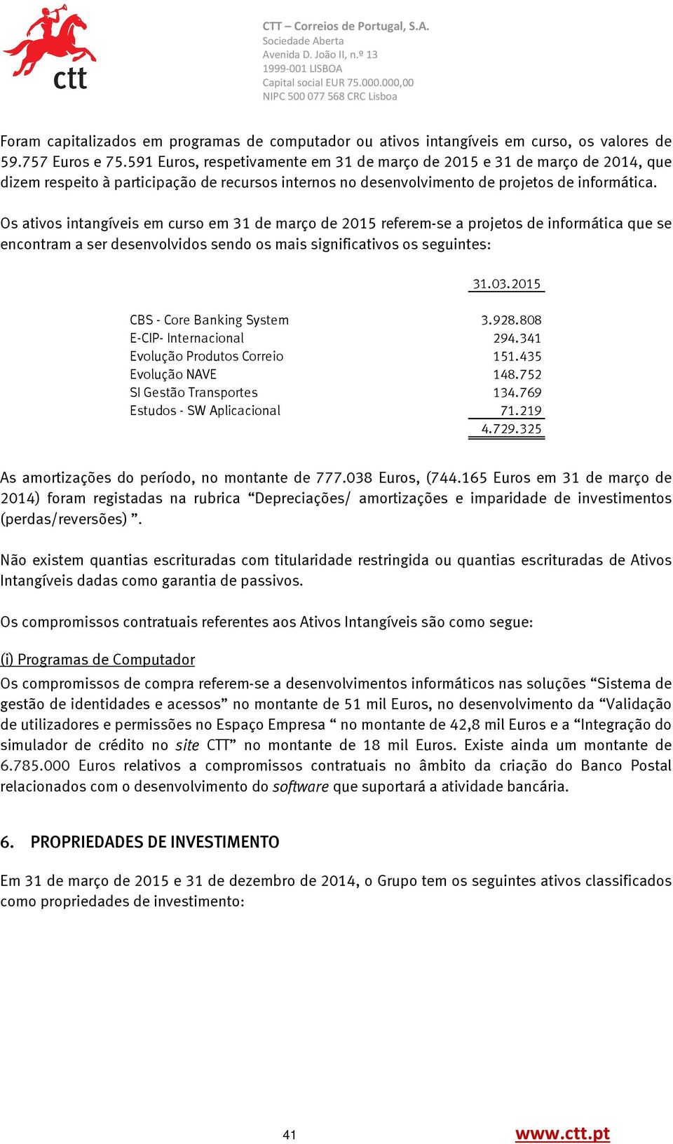 Os ativos intangíveis em curso em 31 de março de 2015 referem-se a projetos de informática que se encontram a ser desenvolvidos sendo os mais significativos os seguintes: 31.03.