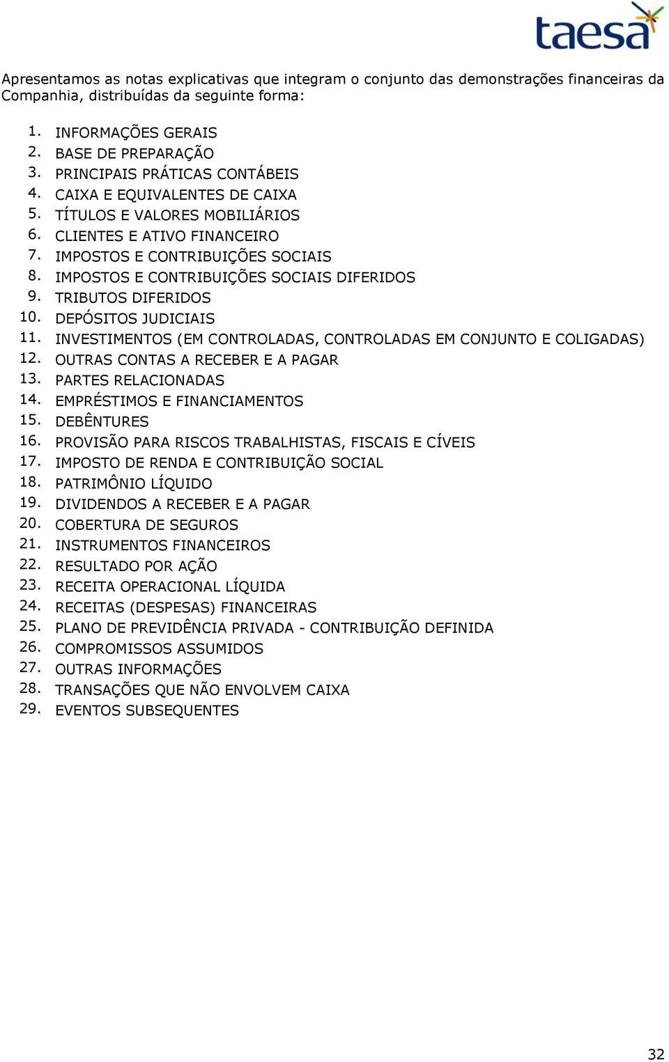 IMPOSTOS E CONTRIBUIÇÕES SOCIAIS DIFERIDOS 9. TRIBUTOS DIFERIDOS 10. DEPÓSITOS JUDICIAIS 11. INVESTIMENTOS (EM CONTROLADAS, CONTROLADAS EM CONJUNTO E COLIGADAS) 12.