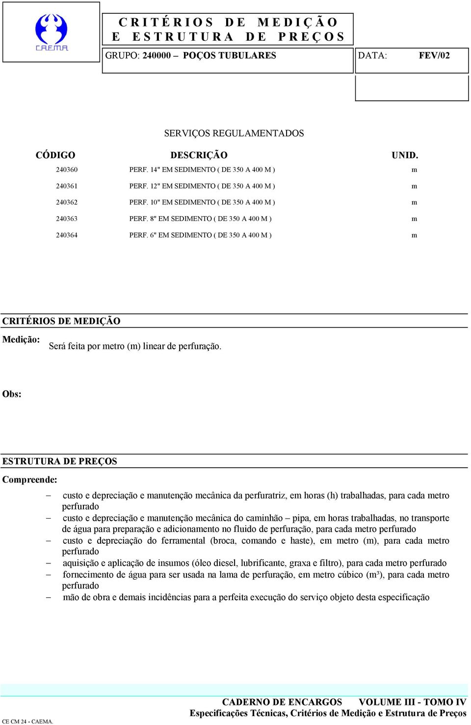 custo e depreciação e manutenção mecânica da perfuratriz, em horas (h) trabalhadas, para cada metro custo e depreciação e manutenção mecânica do caminhão pipa, em horas trabalhadas, no transporte de