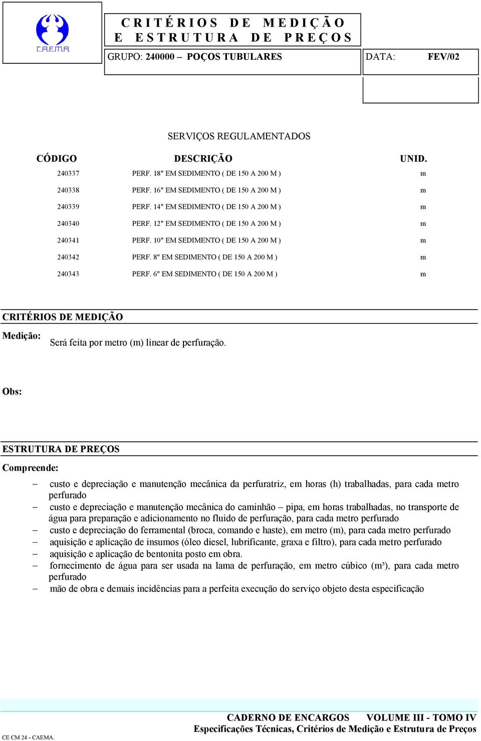 6" EM SEDIMENTO ( DE 150 A 200 M ) m Será feita por metro (m) linear de perfuração.