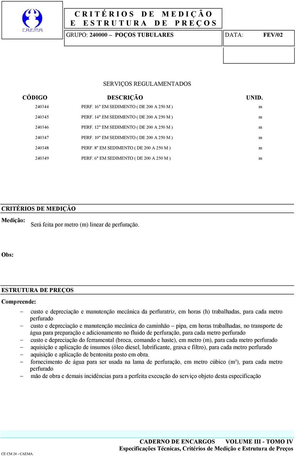 custo e depreciação e manutenção mecânica da perfuratriz, em horas (h) trabalhadas, para cada metro custo e depreciação e manutenção mecânica do caminhão pipa, em horas trabalhadas, no transporte de