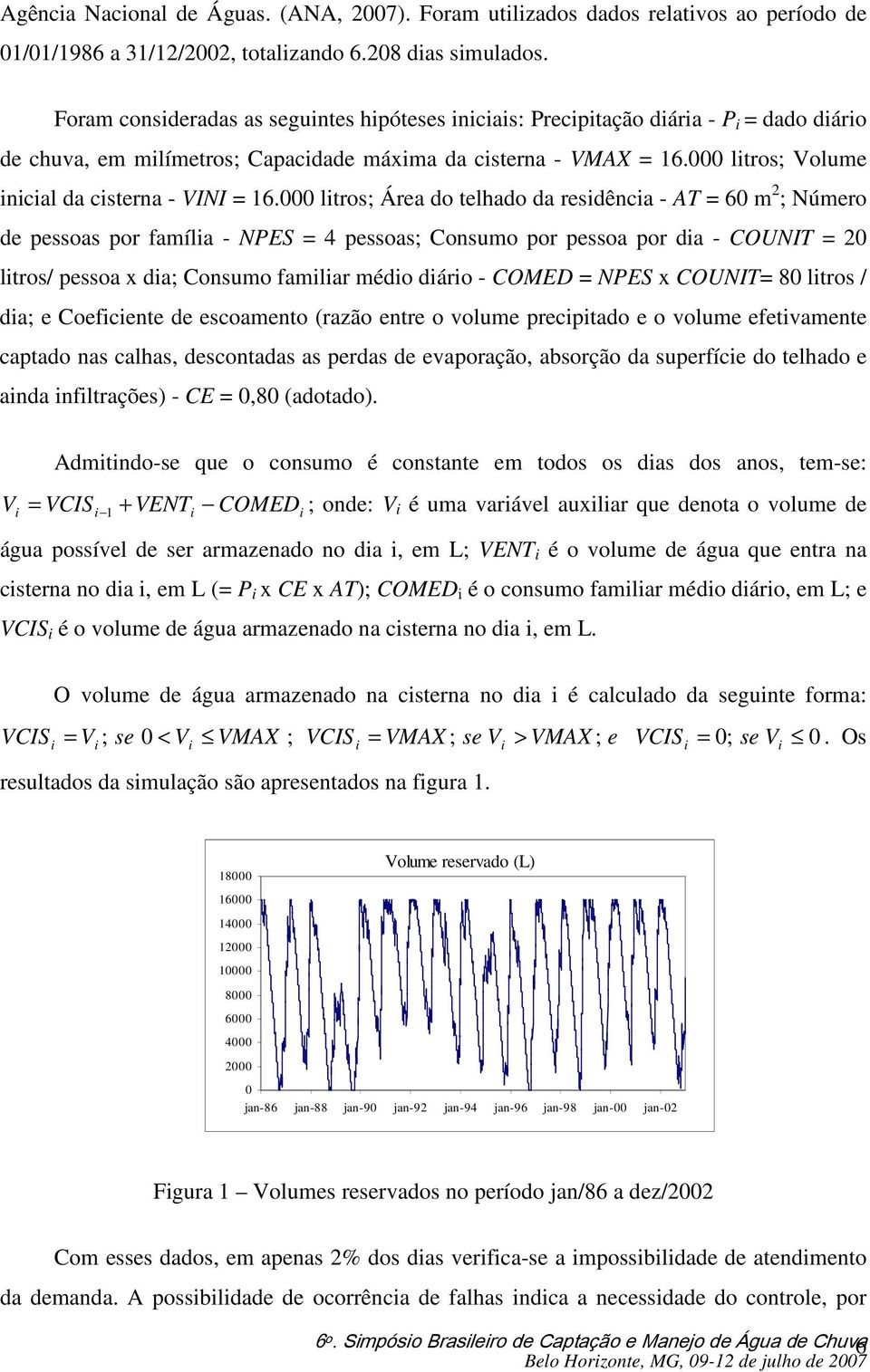 000 ltros; Área do telhado da resdênca - AT = 60 m 2 ; Número de pessoas por famíla - NPES = 4 pessoas; Consumo por pessoa por da - COUNIT = 20 ltros/ pessoa x da; Consumo famlar médo dáro - COMED =