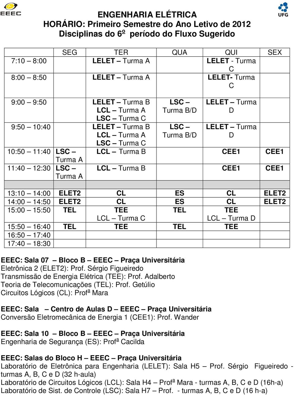 ELET2 14:00 14:50 ELET2 CL ES CL ELET2 15:00 15:50 TEL TEE LCL Turma C TEL TEE LCL Turma D 15:50 16:40 TEL TEE TEL TEE 16:50 17:40 17:40 18:30 EEEC: Sala 07 Bloco B EEEC Praça Universitária