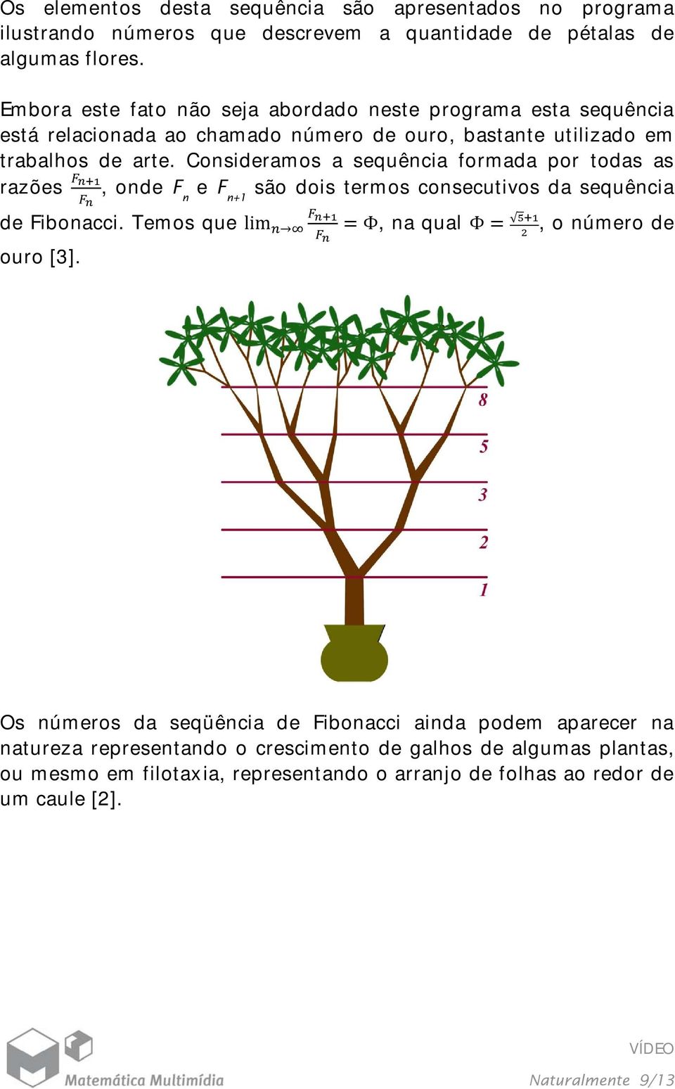 Consideramos a sequência formada por todas as razões, onde F n e F n+1 são dois termos consecutivos da sequência de Fibonacci.