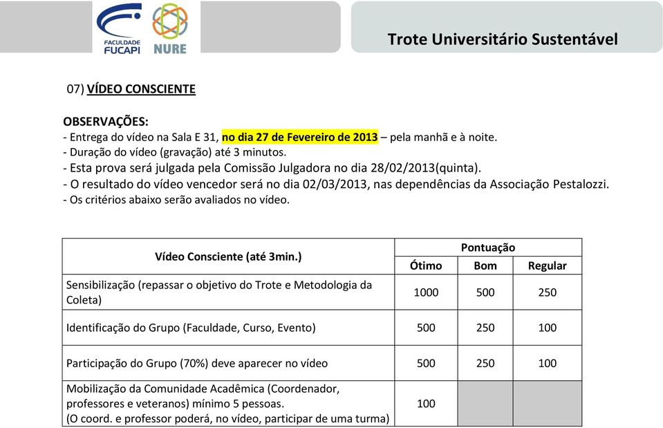 - Os critérios abaixo serão avaliados no vídeo. Vídeo Consciente (até 3min.