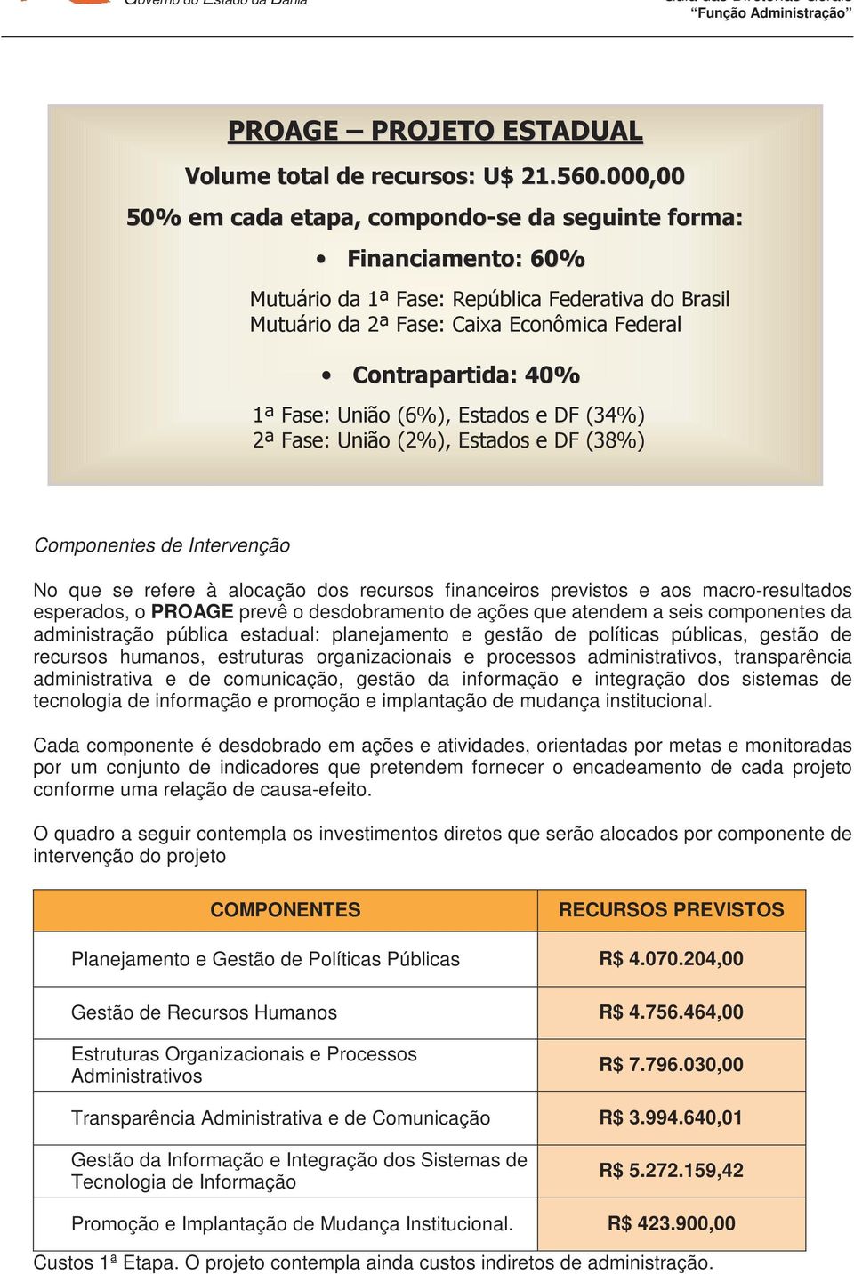 Fase: União (6%), Estados e DF (34%) 2ª Fase: União (2%), Estados e DF (38%) Componentes de Intervenção No que se refere à alocação dos recursos financeiros previstos e aos macro-resultados