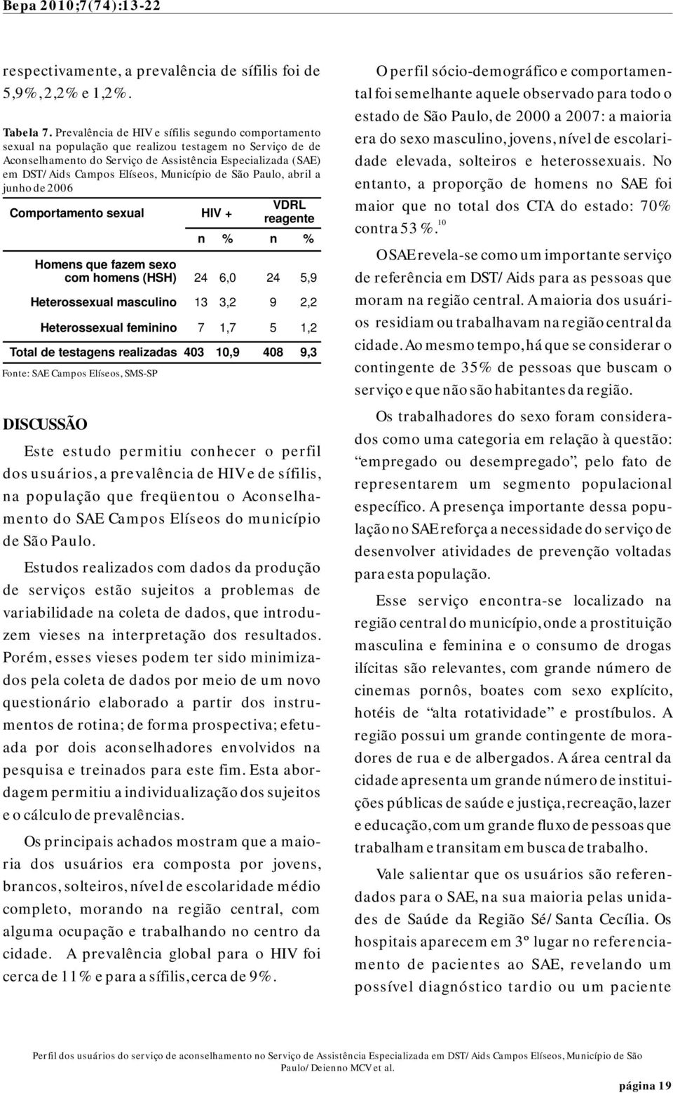 Município de São Paulo, abril a junho de 2006 VDRL Comportamento sexual HIV + reagente n % n % Homens que fazem sexo com homens (HSH) 24 6,0 24 5,9 Heterossexual masculino 13 3,2 9 2,2 Heterossexual