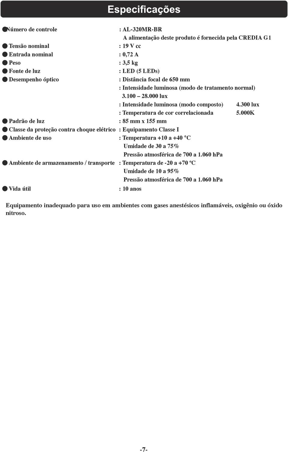 000K : 85 mm x 155 mm Padrão de luz Classe da proteção contra choque elétrico : Equipamento Classe I Ambiente de uso : Temperatura +10 a +40 C Umidade de 30 a 75% Pressão atmosférica de 700 a 1.