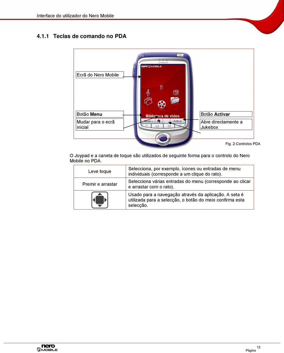 2:Controlos PDA O Joypad e a caneta de toque são utilizados de seguinte forma para o controlo do Nero Mobile no PDA.