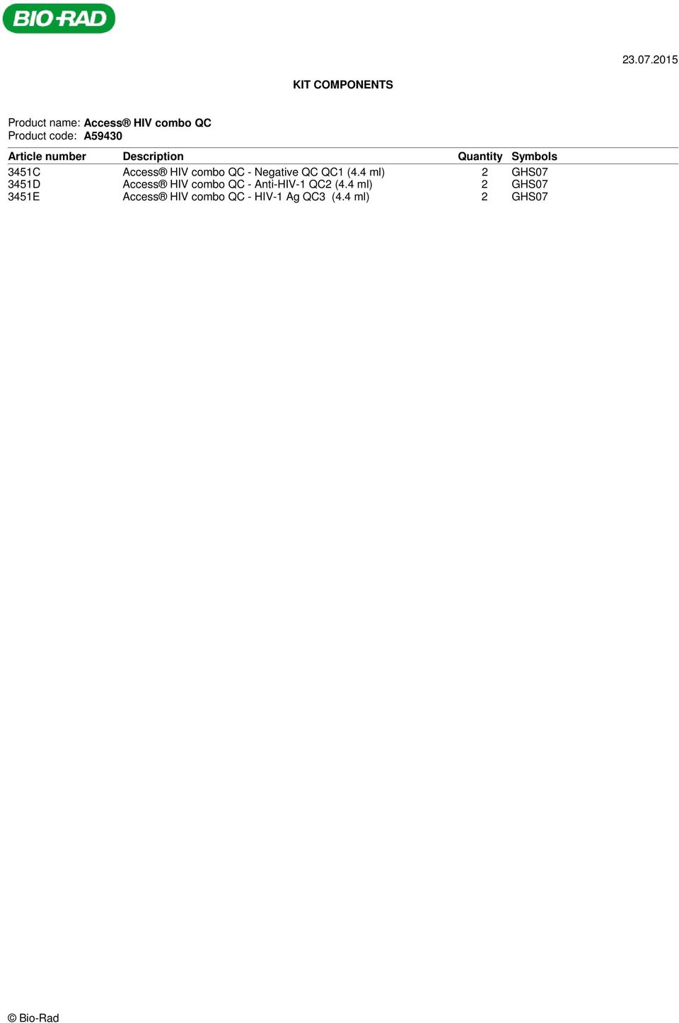 Article number Description Quantity Symbols 3451C Access HIV combo QC -