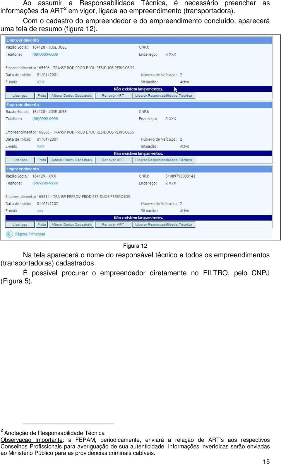 Figura 12 Na tela aparecerá o nome do responsável técnico e todos os empreendimentos (transportadoras) cadastrados.