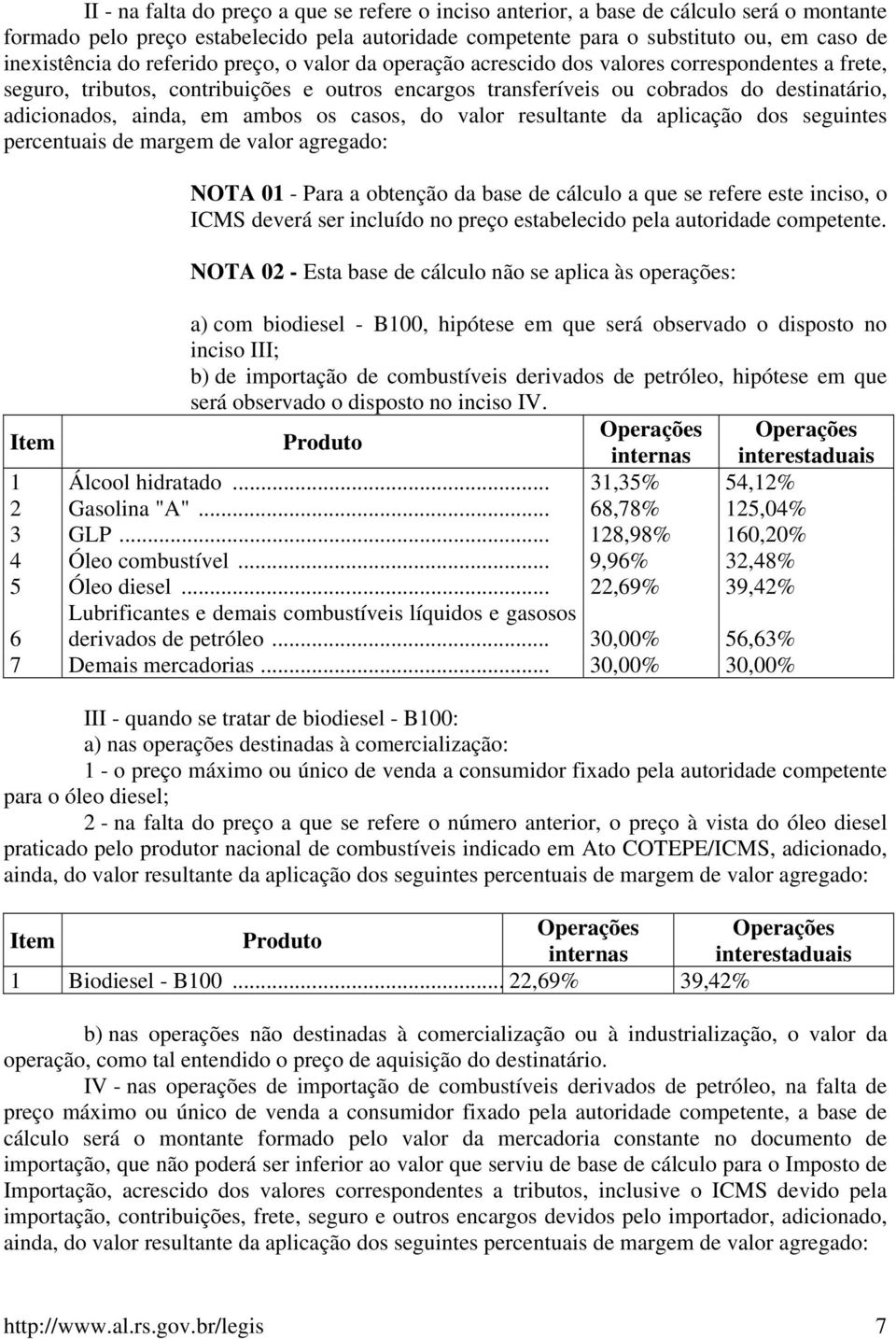 ambos os casos, do valor resultante da aplicação dos seguintes percentuais de margem de valor agregado: NOTA 01 - Para a obtenção da base de cálculo a que se refere este inciso, o ICMS deverá ser