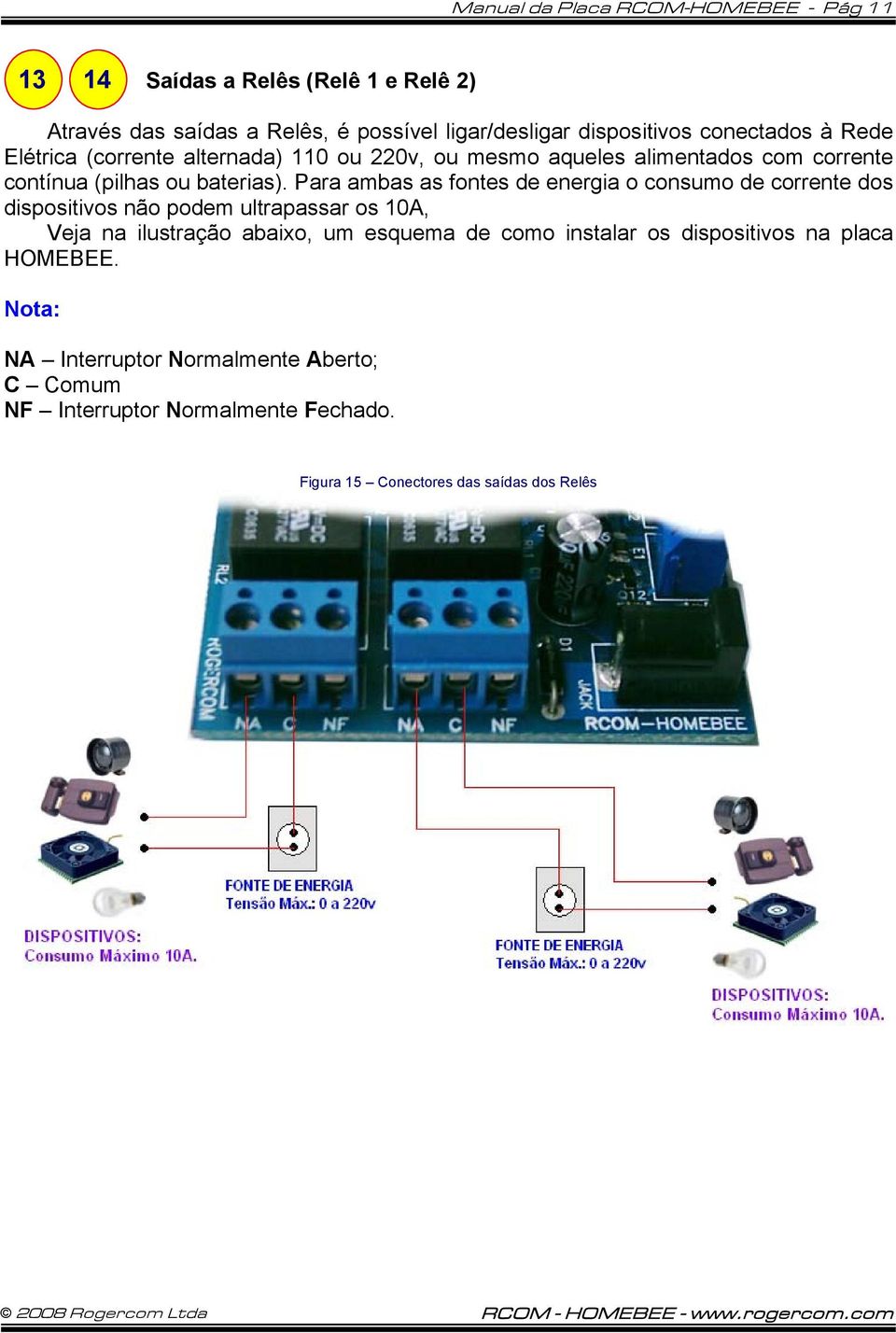 Para ambas as fontes de energia o consumo de corrente dos dispositivos não podem ultrapassar os 10A, Veja na ilustração abaixo, um esquema de como