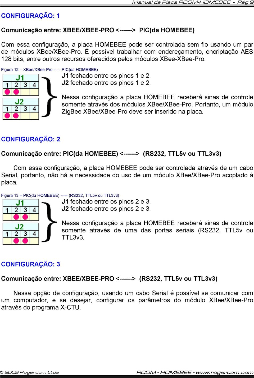 Figura 12 XBee/XBee-Pro ----- PIC(da HOMEBEE) J1 fechado entre os pinos 1 e 2. J2 fechado entre os pinos 1 e 2.