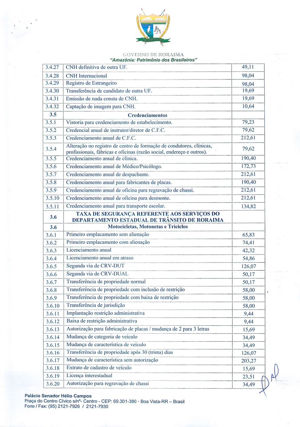 F.C. 212,61 3.5.4 Alteração no registro de centro de formação de condutores, clínicas, profissionais, fábricas e oficinas (razão social, endereço e outros). 79,62 3.5.5 Credenciamento anual de clínica.