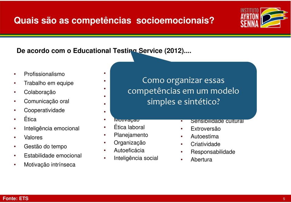 Motivação intrínseca Entusiasmo Liderança Caráter Mente aberta Persistência Coleguismo Motivação Ética laboral Planejamento Organização Autoeficácia Inteligência social