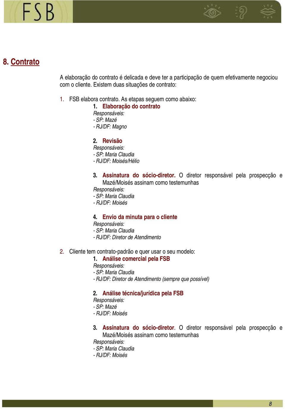 O diretor responsável pela prospecção e Mazé/Moisés assinam como testemunhas - RJ/DF: Moisés 4. Envio da minuta para o cliente 2. Cliente tem contrato-padrão e quer usar o seu modelo: 1.