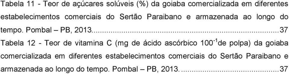 .. 37 Tabela 12 - Teor de vitamina C (mg de ácido ascórbico 100-1 de polpa) da goiaba