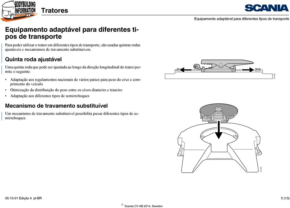 Quinta roda ajustável Uma quinta roda que pode ser ajustada ao longo da direção longitudinal do trator permite o seguinte: Adaptação aos regulamentos nacionais de vários países para peso do