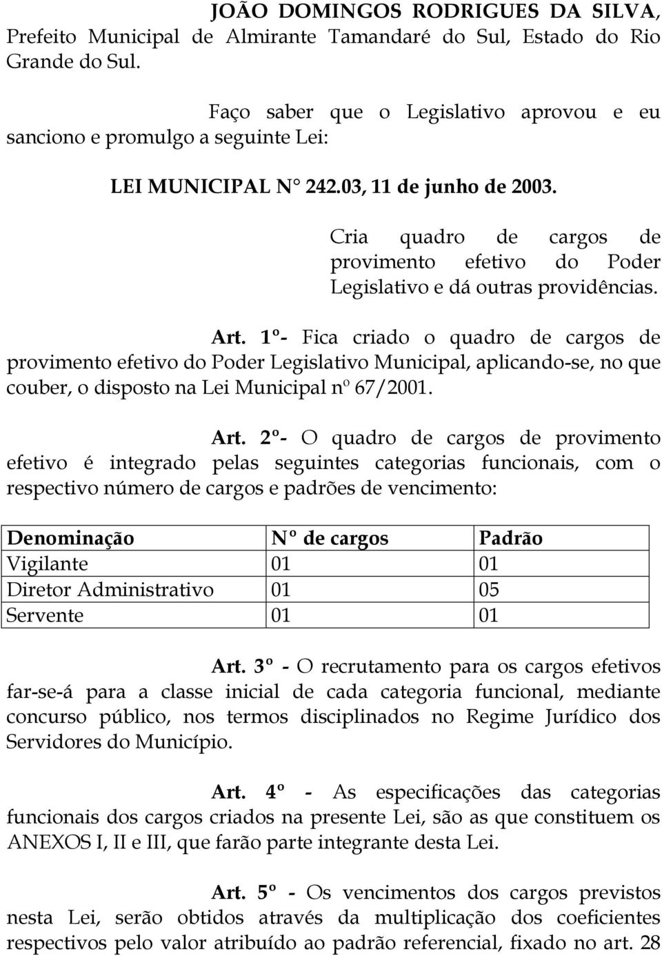 Cria quadro de cargos de provimento efetivo do Poder Legislativo e dá outras providências. Art.